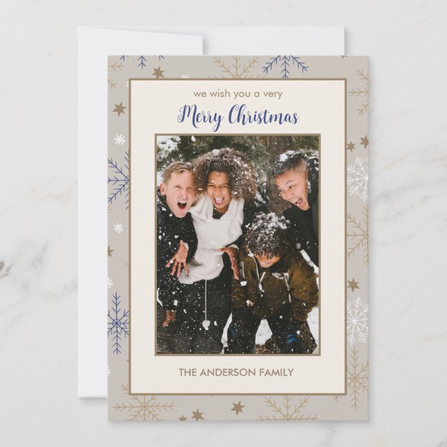 Elegant Snowflake Pattern Beige Family Photo  Julkort (Framsida)
