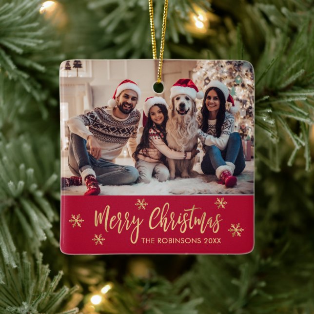 Elegant Snowflake Red och Guld Photo jul Julgransprydnad Keramik (Träd)