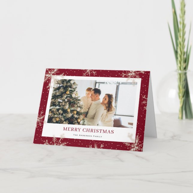 Elegant Snowflake Red Photo God jul Card Helgkort (Framsida)