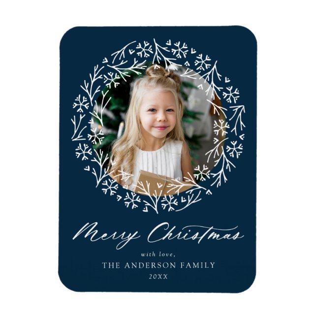 Elegant Snowflake Wandean Navy Photo Magnet (Vertikal)