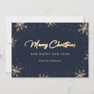 Elegant Snowy Blue och Guld Snowflake Julkort