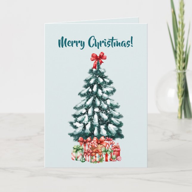 Elegant Snowy Christmas Tree Mint Green Kort (Framsida)