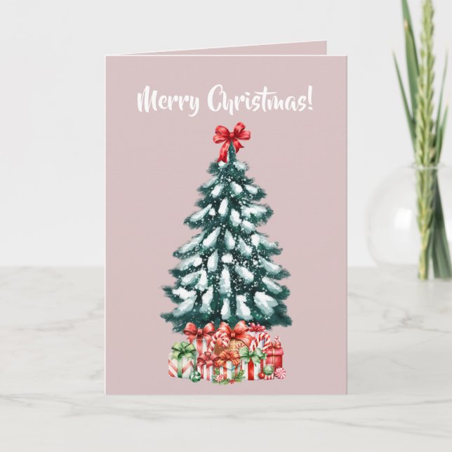 Elegant Snowy Christmas Tree Pink Kort (Framsida)