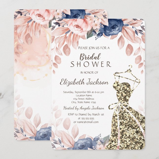 Elegant snygg gul glitterklänning blåa blommor inbjudningar (Fram/baksida)
