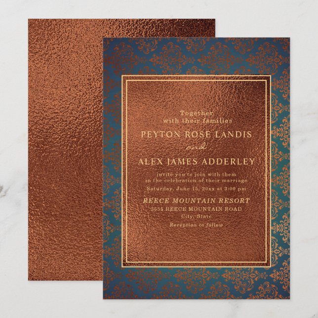 Elegant Snygg Koppar Teal Damask Bröllopsinbjudan Inbjudningar (Fram/baksida)