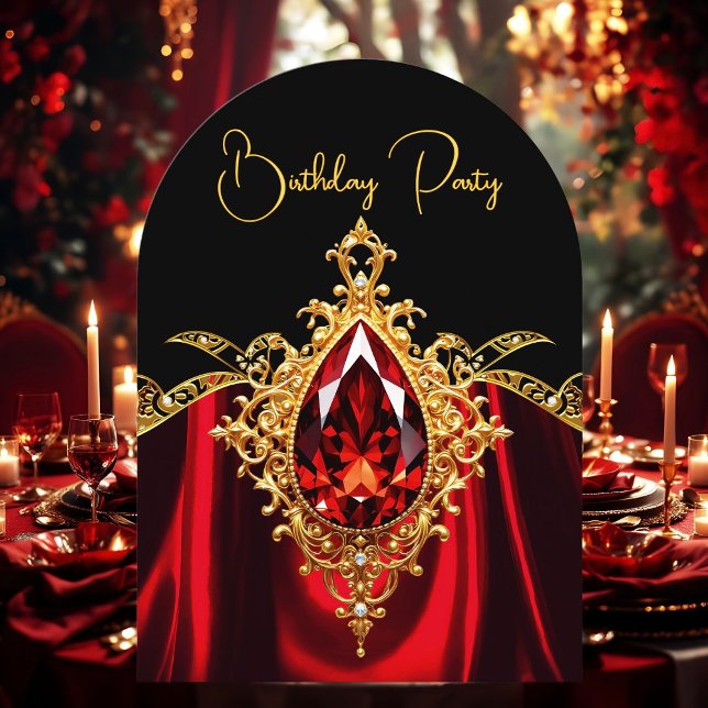 Elegant Snyggt Birthday Regal Red Guld Jewel Inbjudningar (Skapare uppladdad)