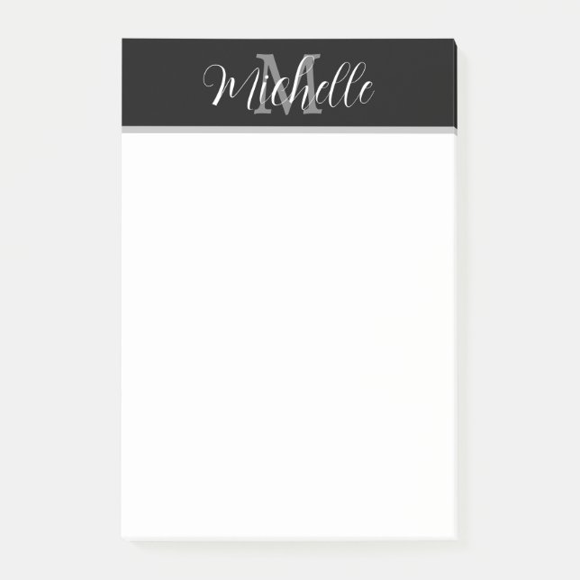 Elegant Snyggt Black Grått Monogram Script Namn Post-it Block (Framsida)