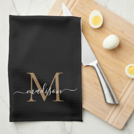 Elegant Snyggt Black Guld Monogram Script Namn Kökshandduk