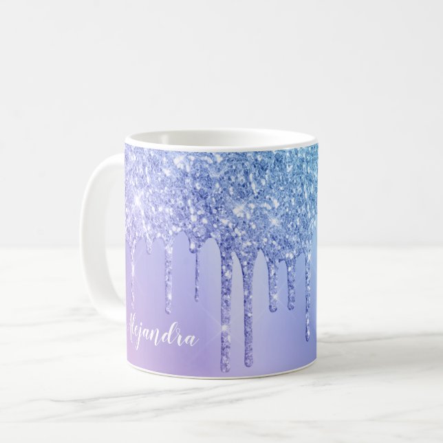 Elegant snyggt chick blå och lila glitter droppar kaffemugg (Framsida vänster)