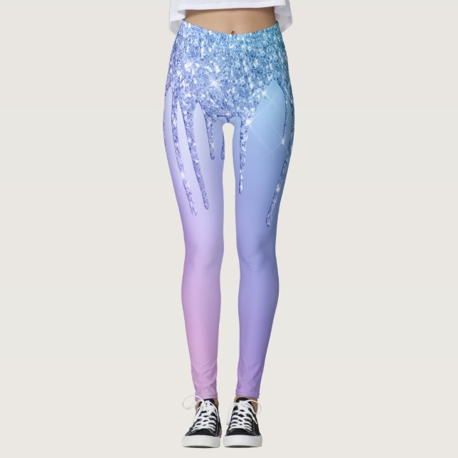 Elegant snyggt chick blå och lila glitter droppar leggings (Framsida)