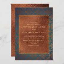 Elegant Snyggt Copper Teal Damask Wedding Inbjudan