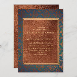 Elegant Snyggt Copper Teal Damask Wedding Inbjudan