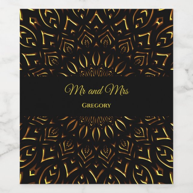 Elegant snyggt etnisk mandala svarta ornat guld vinflaska etikett (Singel etikett)