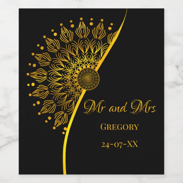 Elegant snyggt etnisk mandala svarta ornat vinflaska etikett (Singel etikett)