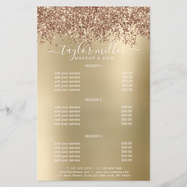 Elegant snyggt glitter makeup & hår ro guld flygblad (Framsidan)