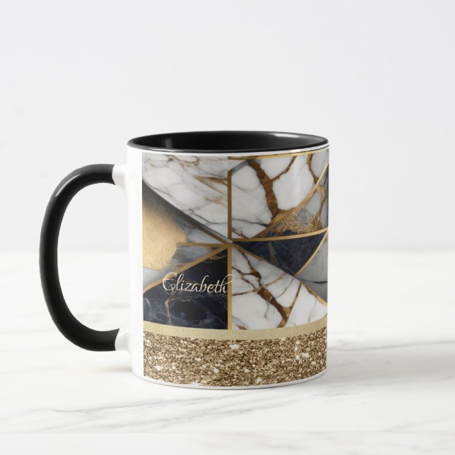 Elegant Snyggt Guld Black Geometric Marble Mugg (Vänster)