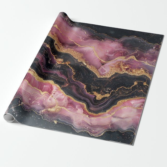 Elegant Snyggt Guld Glitter Black Burgundy Marble Presentpapper (Utrullad)