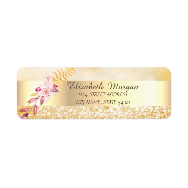 Elegant Snyggt,Guld Glitter bokeh,Flower Adress Returadress Etikett (Framsidan)