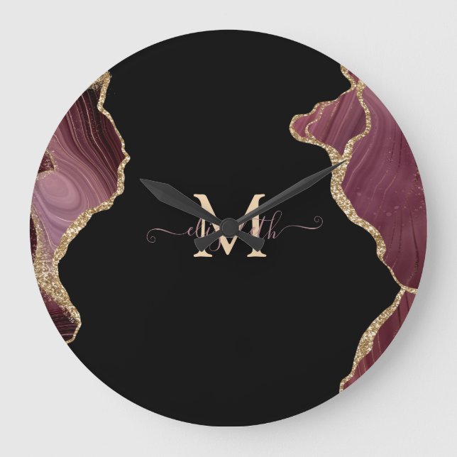 Elegant Snyggt Guld Glitter Burgundy Agate Stor Klocka (Framsida)