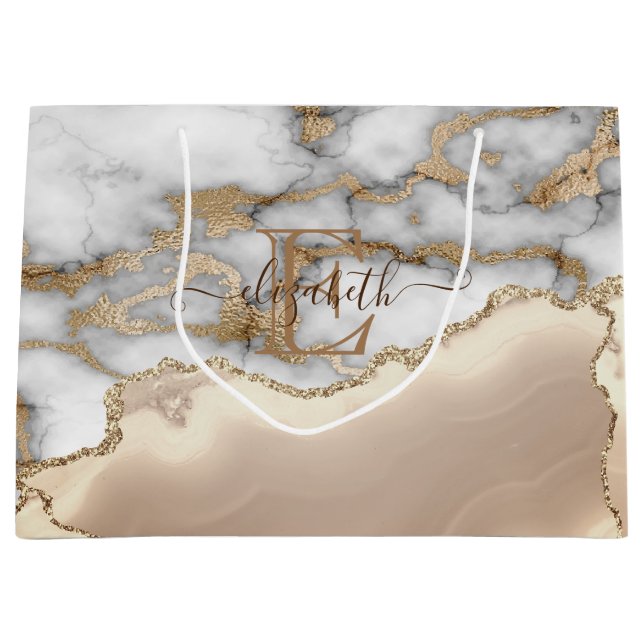 Elegant Snyggt Guld Glitter Cream Marble Monogram (Framsidan)