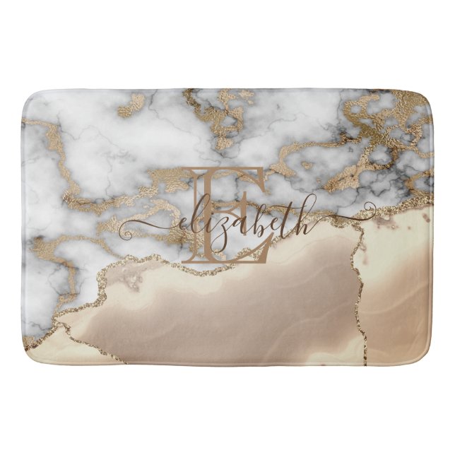 Elegant Snyggt Guld Glitter Cream Marble Monogram Badrumsmatta (Framsidan)