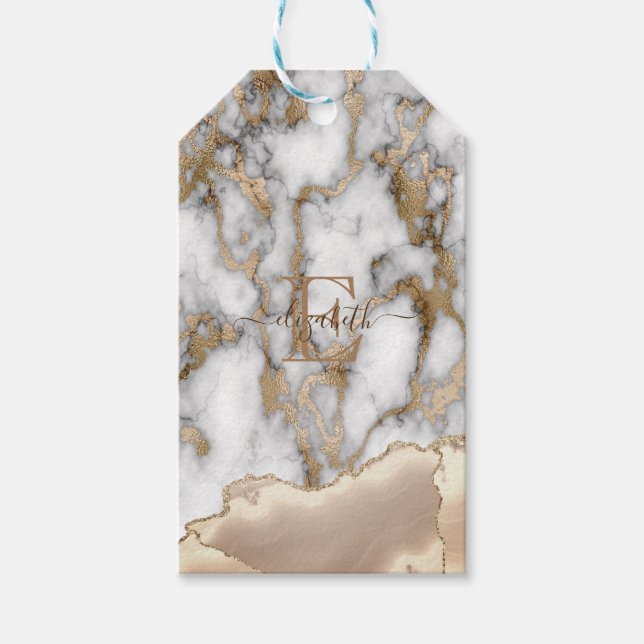 Elegant Snyggt Guld Glitter Cream Marble Monogram Presentetikett (Framsidan)