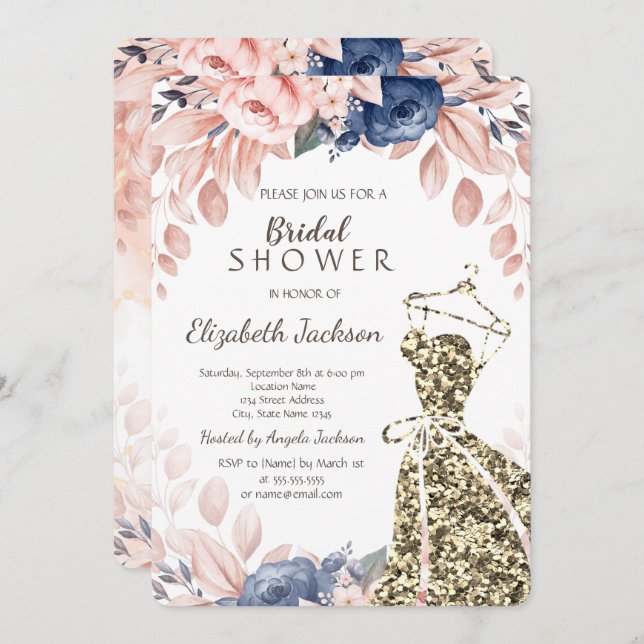 Elegant Snyggt Guld Glitter Dress Blåa blommor Inbjudningar (Fram/baksida)