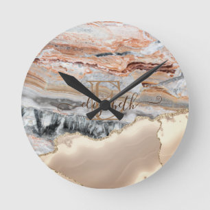 Elegant Snyggt Guld Glitter Marble Stone Monogram Rund Klocka