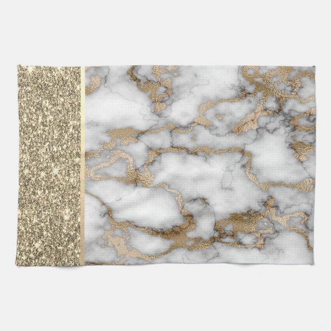 Elegant Snyggt Guld Glitter Shiny White Marble Kökshandduk (Horisontell)