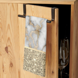 Elegant Snyggt Guld Glitter Shiny White Marble Kökshandduk