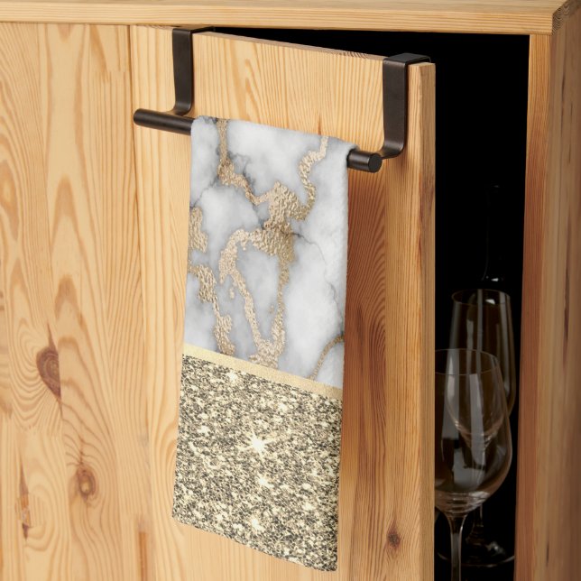 Elegant Snyggt Guld Glitter Shiny White Marble Kökshandduk (Thirds Fold)