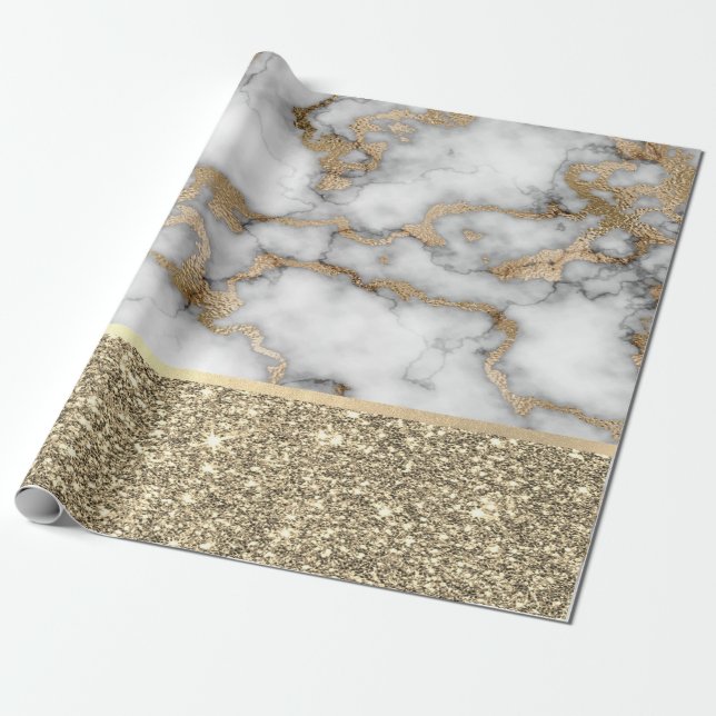 Elegant Snyggt Guld Glitter Shiny White Marble Presentpapper (Utrullad)
