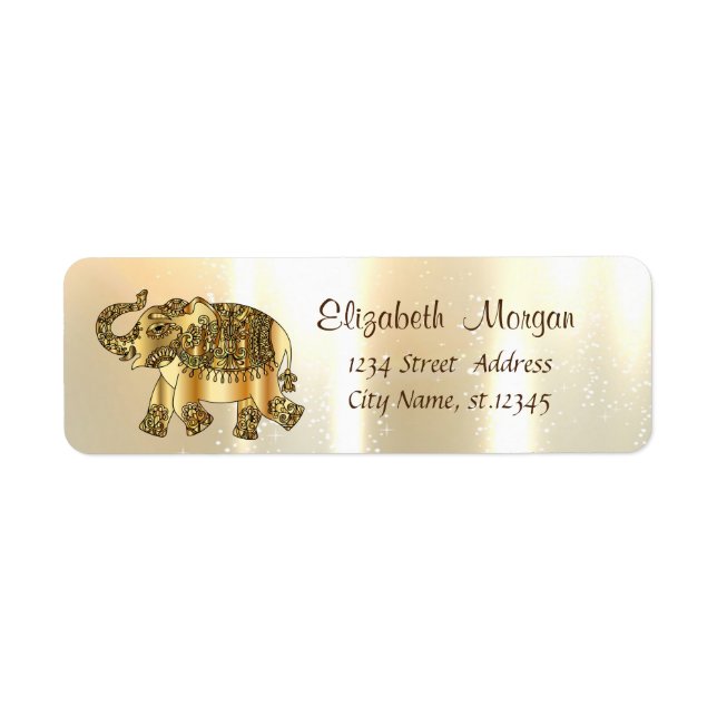 Elegant, Snyggt Guld, Paisley Elephant Returadress Etikett (Framsidan)