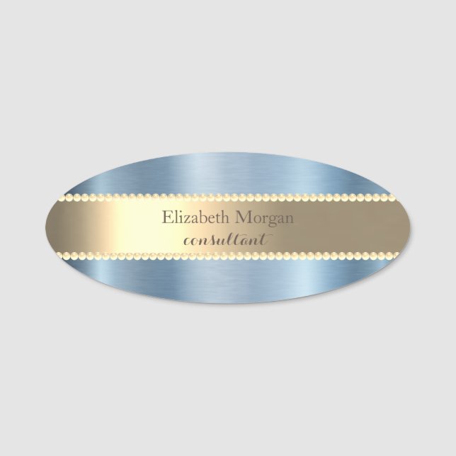 Elegant Snyggt Guld Pearls Blue Metallic Namnbricka (Framsida)