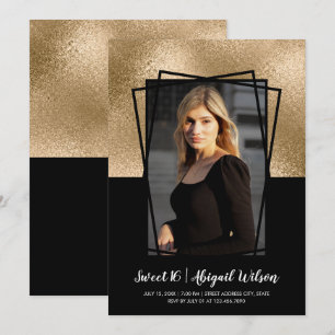 Elegant snyggt guld svarta sweet sixteen födelseda inbjudningar