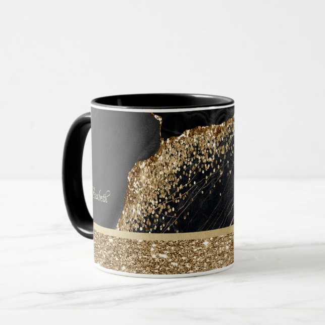 Elegant Snyggt Guld Svarthavsmarmor vid Glitter Mugg (Framsida vänster)