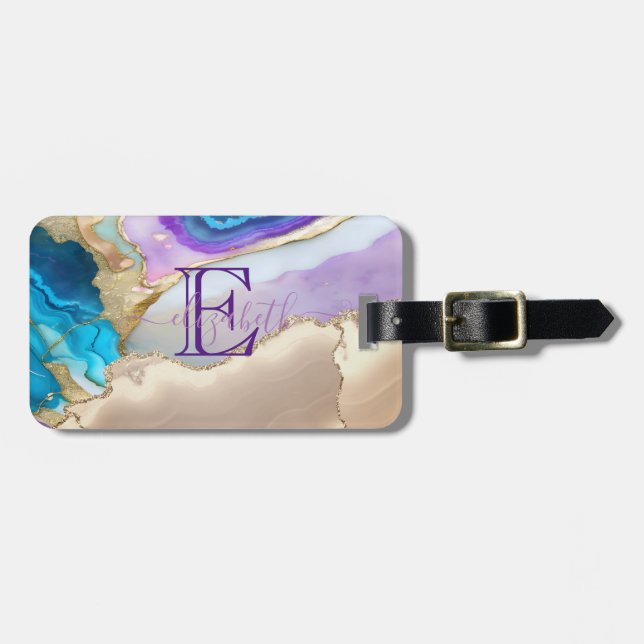 Elegant Snyggt Guld Violet Blue Marble Monogram Bagagebricka (Horisontell Framsida)