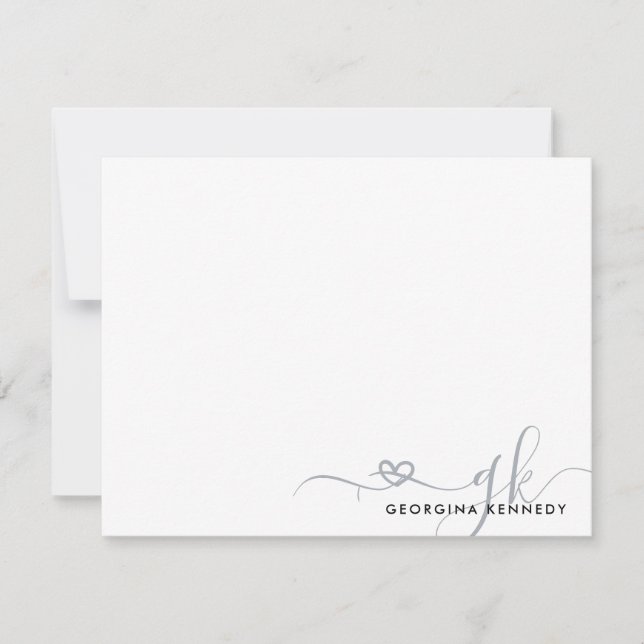 Elegant Snyggt Heart Script 2 Monogram Initial Anteckningskort (Framsida)