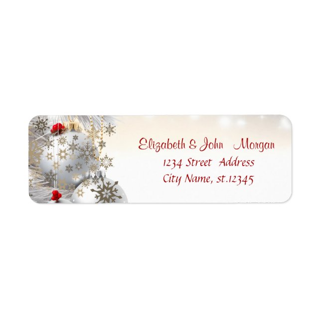 Elegant Snyggt jul Bollar Guld Snöflingor Returadress Etikett (Framsidan)