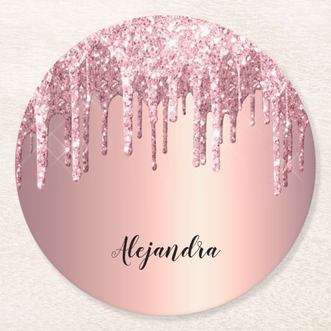 Elegant snyggt koppardroppar från ro guld, glitter underlägg papper rund (Framsidan)