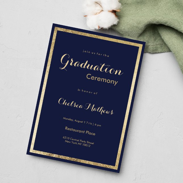 Elegant snyggt marinblå faux guld Studenten Inbjudningar (Elegant stylish navy blue faux gold Graduation Invitation )