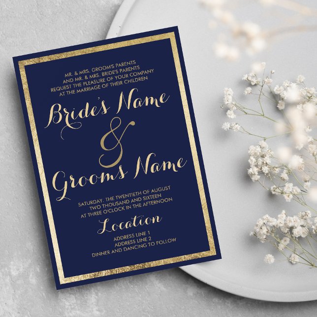 Elegant snyggt modern blå faux guld Bröllop Inbjudningar (Zazzle Elegant stylish modern blue faux gold Wedding Invitation )