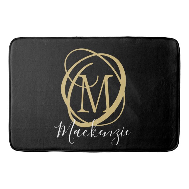 Elegant Snyggt Monogram-skript Namn Black Guld Badrumsmatta (Framsidan)
