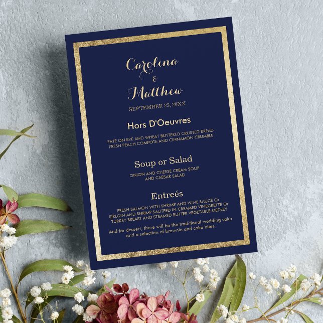 Elegant snyggt navy blue faux guld Bröllop Menu Meny (Elegant stylish navy blue faux gold Wedding Menu)