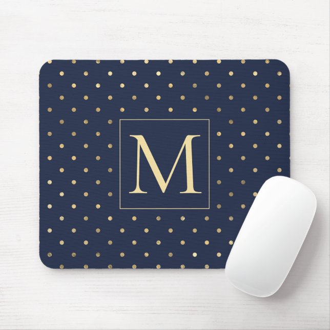 Elegant Snyggt Navy Blue Guld Polka dots Monogram Musmatta (Med mus)