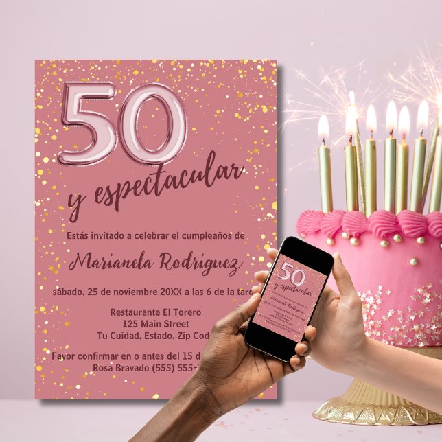 Elegant Snyggt Ro Guld 50:e födelsedagen spanska Inbjudningar (Skapare uppladdad)