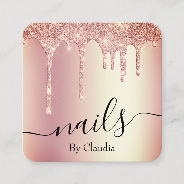 Elegant snyggt ro guld glitter droppar nagel fyrkantigt visitkort (Framsida)