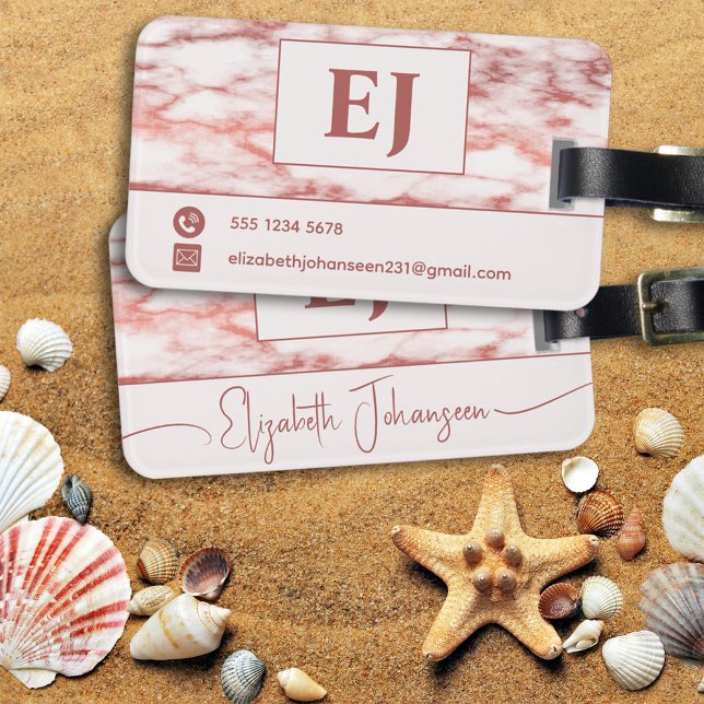 Elegant Snyggt Ro Guld & White Marble Monogram Bagagebricka (Skapare uppladdad)