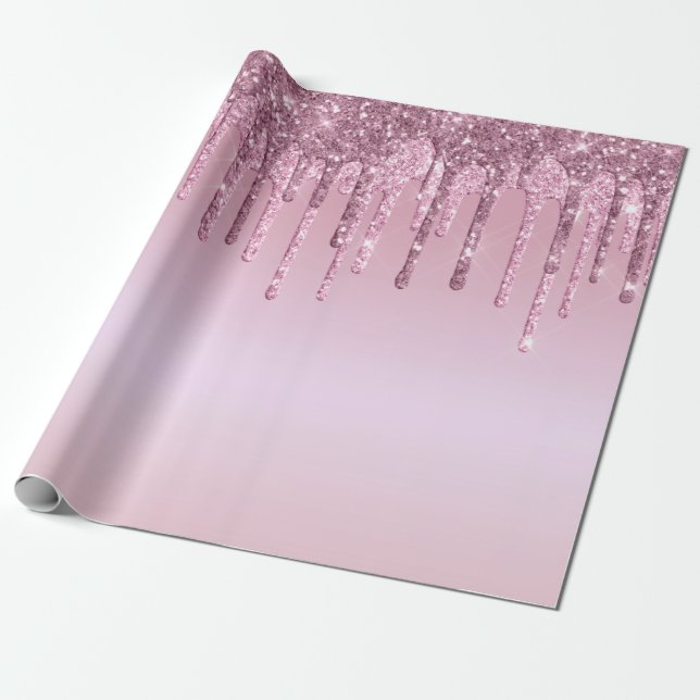 Elegant snyggt rosa ros guld glitter droppar presentpapper (Utrullad)