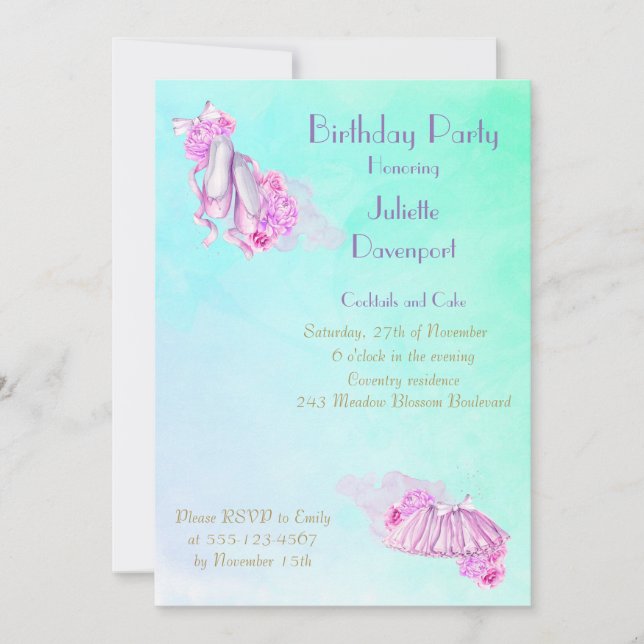 Elegant Snyggt Rosa Watercolor Ballet Birthday Inbjudningar (Framsida)